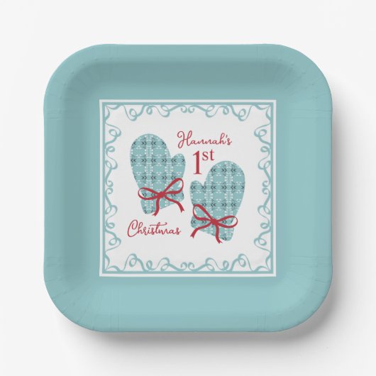 1st Christmas Mittens Red Bow Holiday Papieren Bordje (Voorkant)