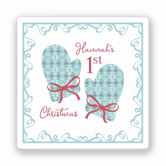 1st Christmas Mittens Red Bow Holiday Sticker (Voorkant)