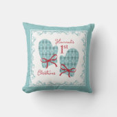 1st Christmas Mittens Red Bow Royal Botanical Blue Kussen (Voorkant)