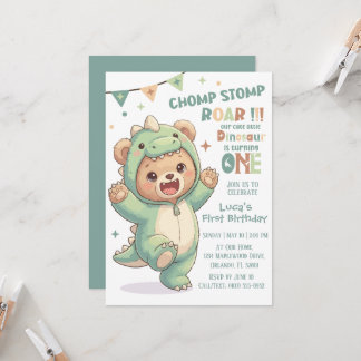 1st Dino Birthday Party | Cute Teddy Bear Dinosaur Kaart