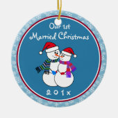 1st Getrouwd Kerst Leuk Sneeuwkoppel Kerstmis Keramisch Ornament (Voorkant)