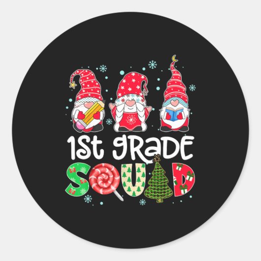 1st Grade Squad Gnome Teacher Christmas Ne Buffalo Ronde Sticker (Voorkant)