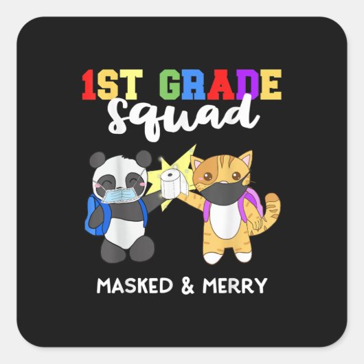 1st Grade Squad Quarantine Panda Kat Funny Mask Vierkante Sticker (Voorkant)
