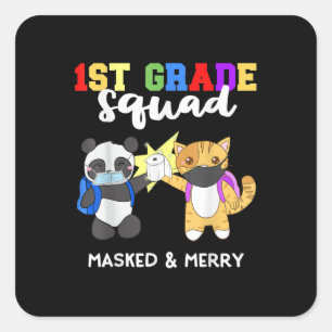1st Grade Squad Quarantine Panda Kat Funny Mask Vierkante Sticker