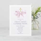 1st Holy Communion Invitation, Modern Pink Bow Kaart (Staand voorkant)