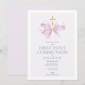 1st Holy Communion Invitation, Modern Pink Bow Kaart (Voorkant / Achterkant)