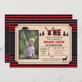 1st Lumberjack One Birthday nodigt Check Invite ui Kaart (Voorkant / Achterkant)