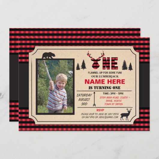 1st Lumberjack One Birthday nodigt Check Invite ui Kaart (Voorkant / Achterkant)
