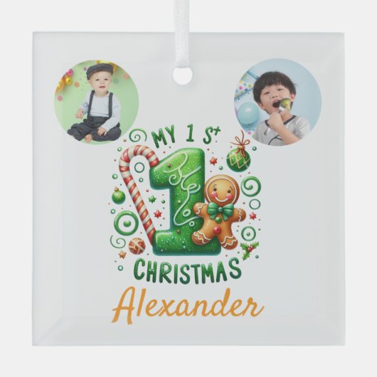 1st Xmas Candy Cane Gingerbread Photo Ornament (Voorkant)