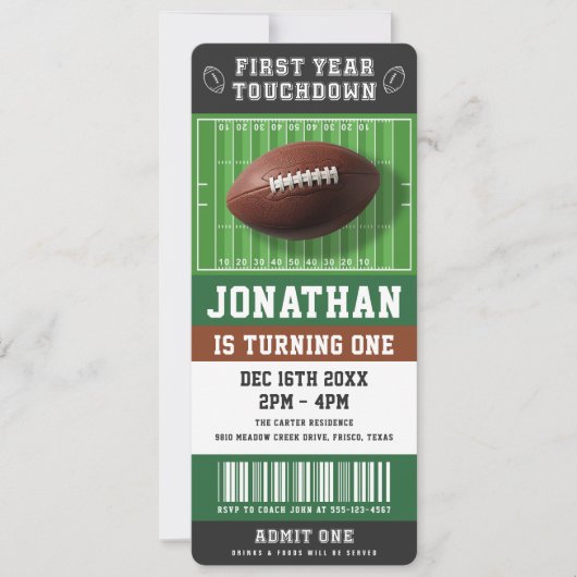 1st Year Touchdown Football Birthday Party Ticket Kaart (Voorkant)