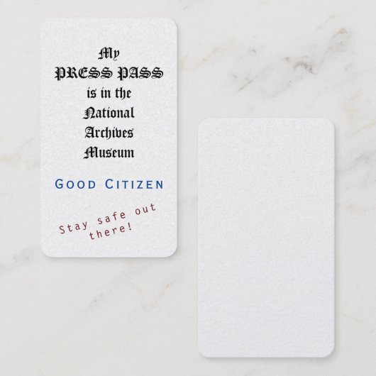 1ste amendement - Pers pass - Blijf daar veilig! Visitekaartje (Voorkant / Achterkant)