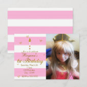 1STE BIRTHDAY Roze Wit & gouden Foto-uitnodiging Kaart (Voorkant / Achterkant)