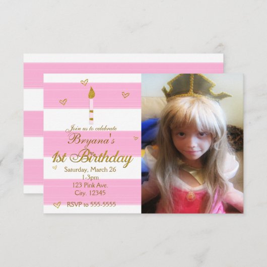 1STE BIRTHDAY Roze Wit & gouden Foto-uitnodiging Kaart (Voorkant / Achterkant)