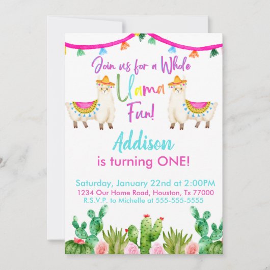 1ste Fiesta Whole Llama Fun Birthday Invitation Kaart (Voorkant)