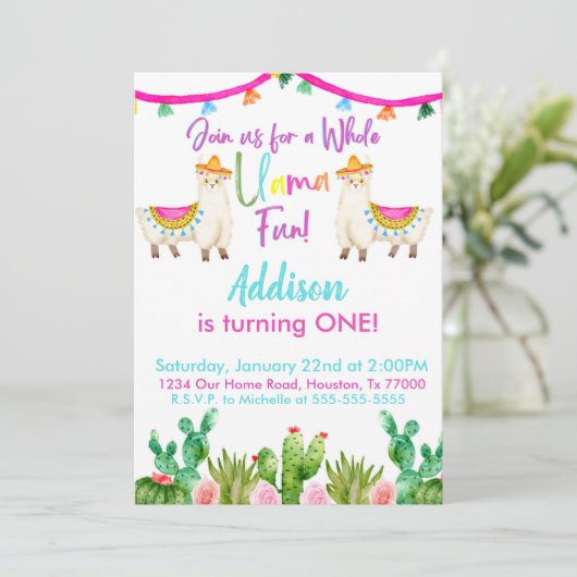 1ste Fiesta Whole Llama Fun Birthday Invitation Kaart (Staand voorkant)