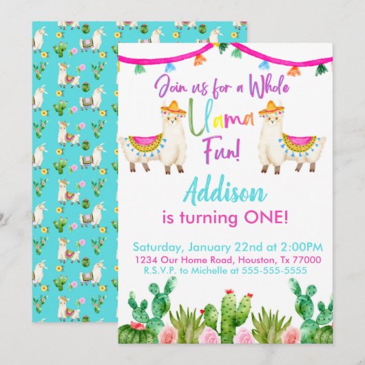 1ste Fiesta Whole Llama Fun Birthday Invitation Kaart (Voorkant / Achterkant)