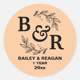 1ste huwelijksverjaardag bladmotief monogram ronde sticker