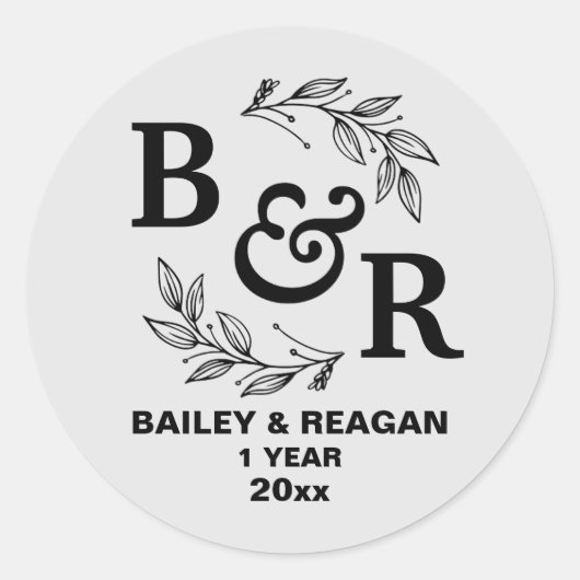 1ste huwelijksverjaardag bladmotief monogram ronde sticker (Voorkant)