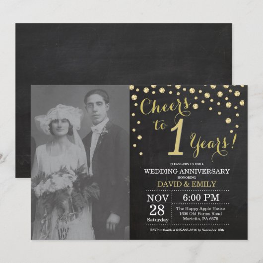 1ste huwelijksverjaardag krijtbord zwart en goud kaart (Voorkant / Achterkant)