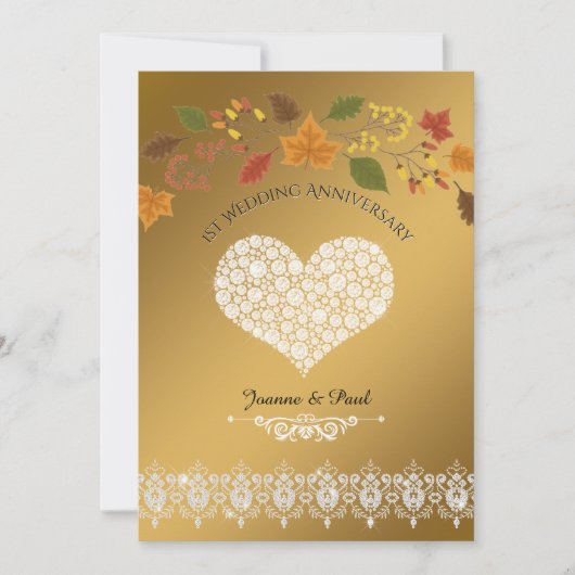 1ste Jubileum voor bruiloft Gold Fall Leaves Kaart (Voorkant)