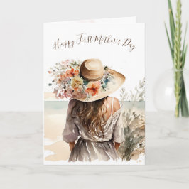 1ste Moederdag vrouw met Pet van strand Kaart