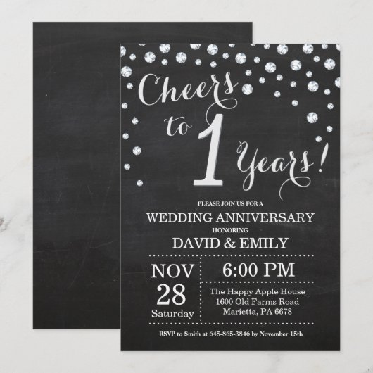 1ste trouwdag krijtbord zwart zilver kaart (Voorkant / Achterkant)