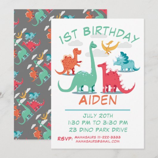 1ste verjaardag Dinosaur Kaart (Voorkant / Achterkant)