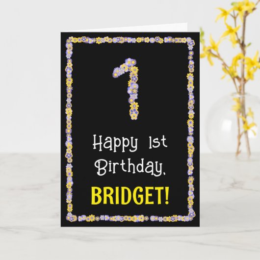 1ste verjaardag: Floral Flowers Number, Custom Nam Kaart (Gele Bloem)