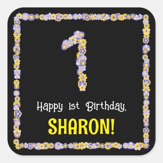 1ste verjaardag: Floral Flowers Number, Custom Nam Vierkante Sticker (Voorkant)