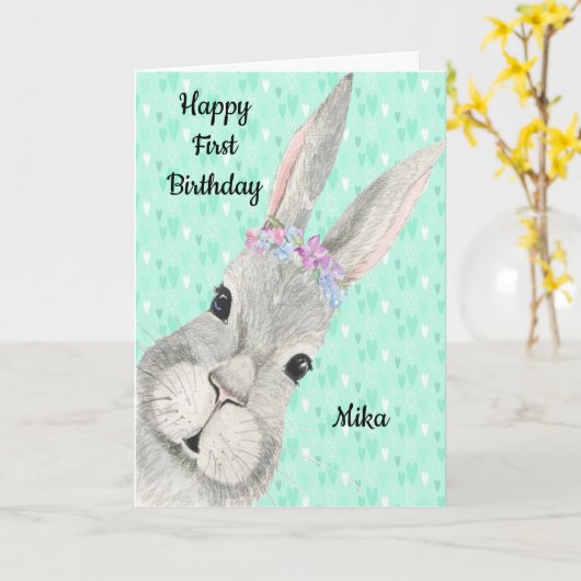 1ste verjaardag Kaart met Bunny Face (Gele Bloem)