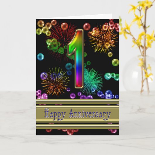 1ste verjaardag met vuurwerk en bellen kaart (Gele Bloem)