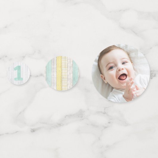 1ste verjaardag Mint & Geel Hout Rustisch Hout Confetti (Voorkanten)