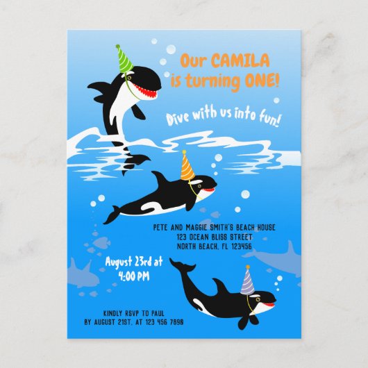 1ste verjaardag onder de zee orka walvis baby meis uitnodiging briefkaart (Voorkant)