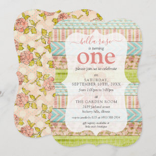 1ste verjaardag Shabby Chic Rozen Cottage Floral. Kaart