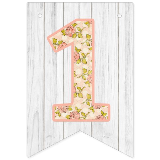 1ste verjaardag Shabby Chic Rozen Rustic Wood Flor Vlaggetjes (Eerste vlag)