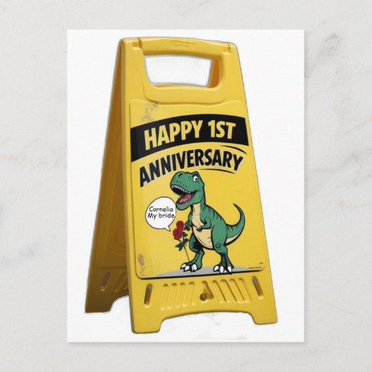 1ste verjaardag trex rode rozen gele plastic bord briefkaart (Voorkant)