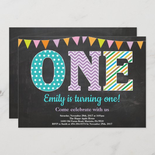 1ste verjaardag Uitnodiging meisje Chalkboard (Voorkant / Achterkant)