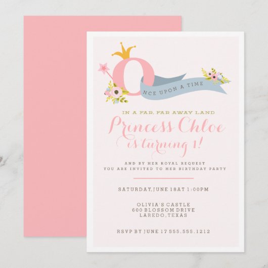 1ste verjaardag Uitnodiging prinses (Voorkant / Achterkant)