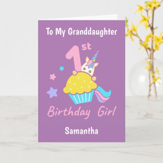1ste verjaardag van de Cupcake Unicorn kleindochte Kaart (Gele Bloem)