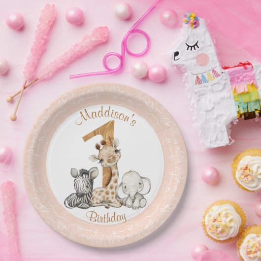 1ste verjaardag van het roze meisje Safari Papieren Bordje (Feest)