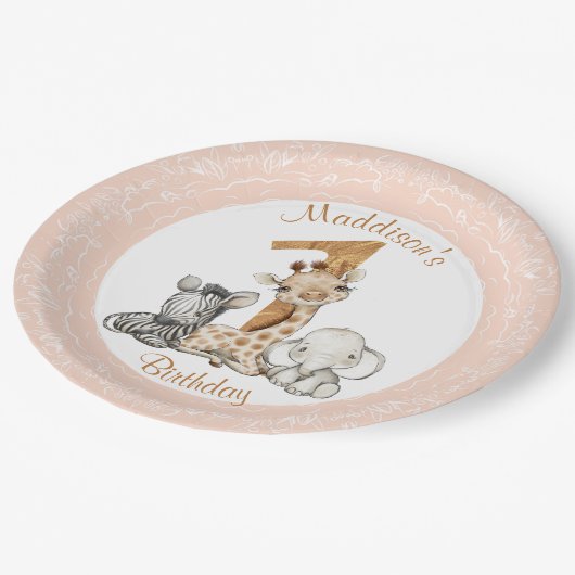 1ste verjaardag van het roze meisje Safari Papieren Bordje (Gekanteld)