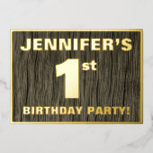 1ste verjaardag: Vet, Faux Hood Grain Pattern Folie Uitnodiging (Voorkant)