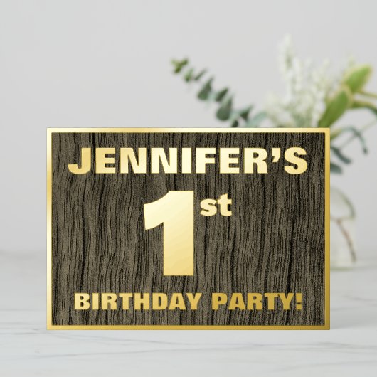 1ste verjaardag: Vet, Faux Hood Grain Pattern Folie Uitnodiging (Staand Voorkant)