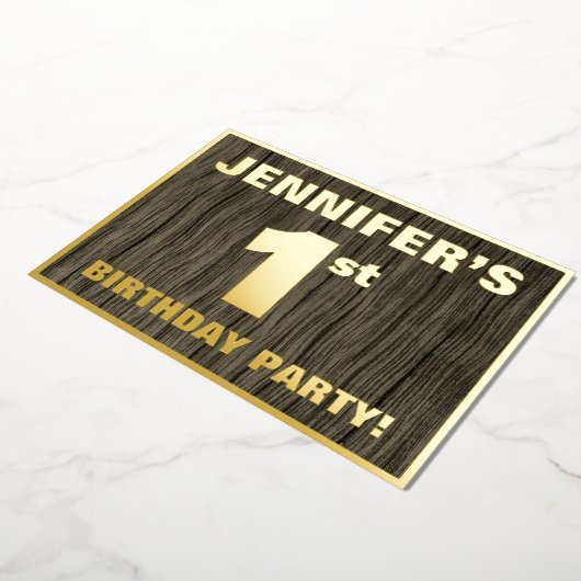 1ste verjaardag: Vet, Faux Hood Grain Pattern Folie Uitnodiging (Gedraaid)