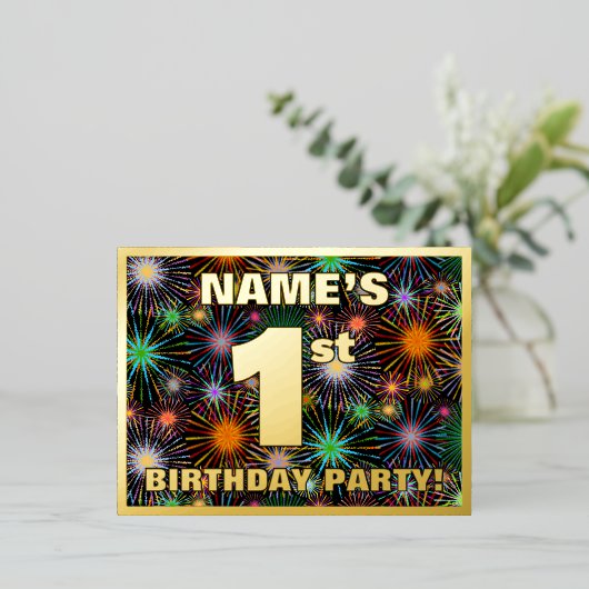 1ste verjaardag: Vette, kleurrijke Fireworks-look Folie Uitnodiging Briefkaart (Staand Voorkant)
