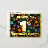 1ste verjaardag: Vette, kleurrijke Fireworks-look Folie Uitnodiging Briefkaart (Voorkant / Achterkant)
