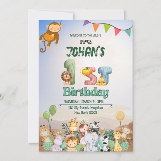 1ste verjaardag Wild Oerwoud Safari Met uitnodigin Kaart (Voorkant)