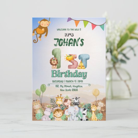 1ste verjaardag Wild Oerwoud Safari Met uitnodigin Kaart (Staand voorkant)
