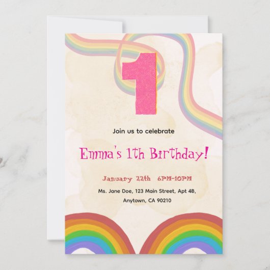 1th Birthday Invitation Girl Editable Rainbow Kaart (Voorkant)