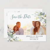 1Waterverf Eucalyptus FOTO Bruiloft Save the Date Aankondigingskaart (Voorkant / Achterkant)